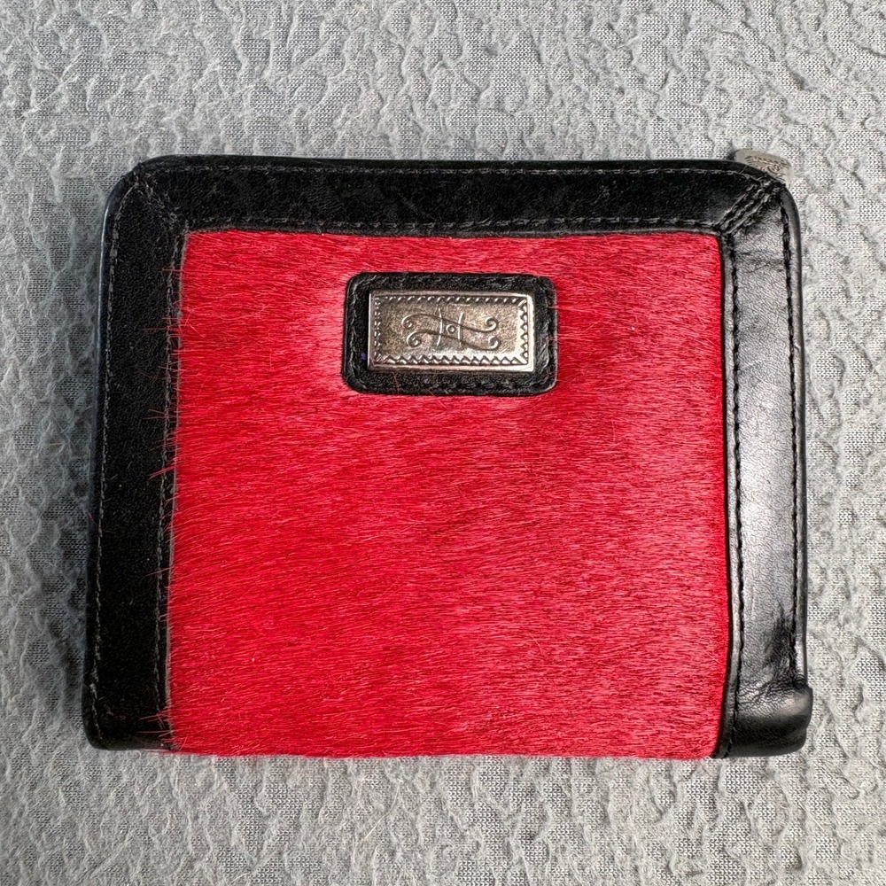 Brighton Black Leather Red Pony Hair Bifold Wallet Heart ID Window Silver Tone